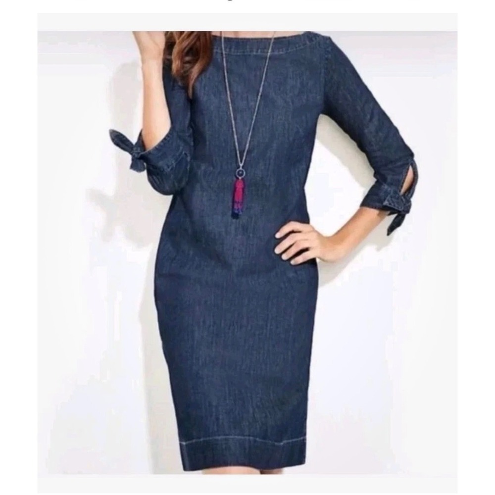 Talbots Chambray Denim Dress Tie‎ Sleeve Boat Neck Casual Work Sz 6